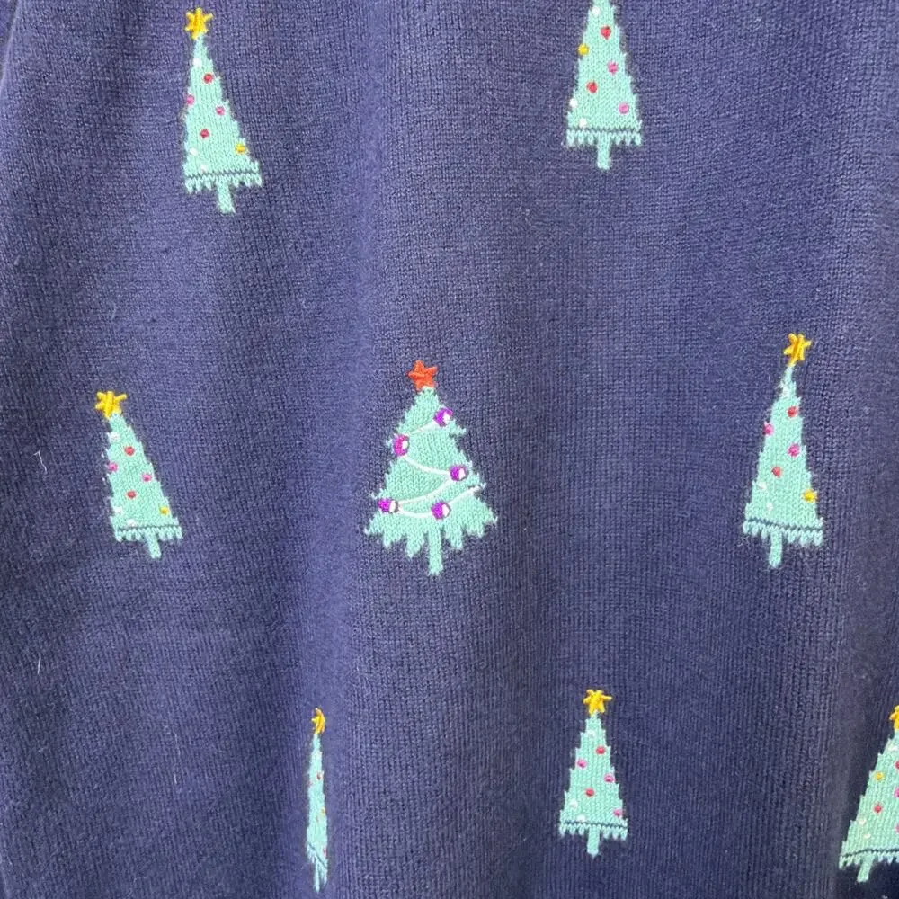 Talbots Womens Christmas Tree Sweater Navy Blue XL ugly holiday embroidered - Picture 3 of 11